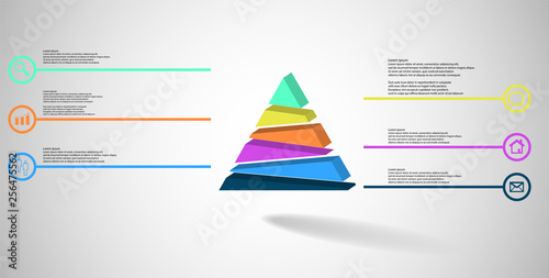 3D illustration infographic template with embossed triangle randomly divided to six parts