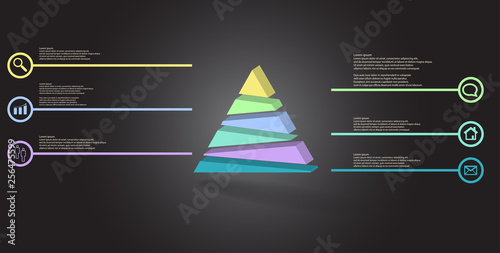 3D illustration infographic template with embossed triangle randomly divided to six parts