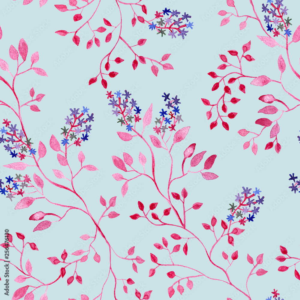 Pink branch with flowers and leaves, watercolor painting - seamless pattern on blue background