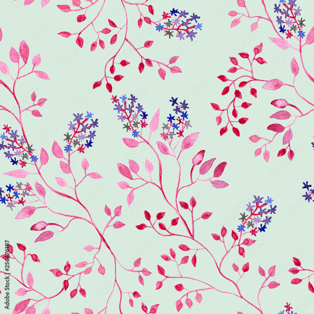 Red branch with flowers and leaves, watercolor painting - seamless pattern on light green background
