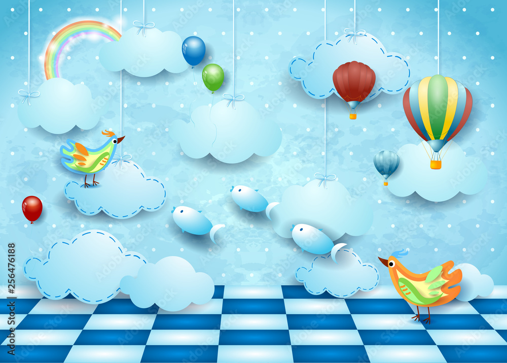 Surreal landscape with room, clouds, ballons, birds and flying fishes