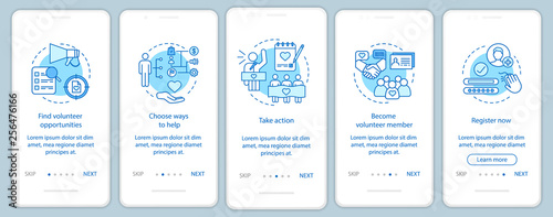 Volunteers finding onboarding mobile app page screen with linear concepts