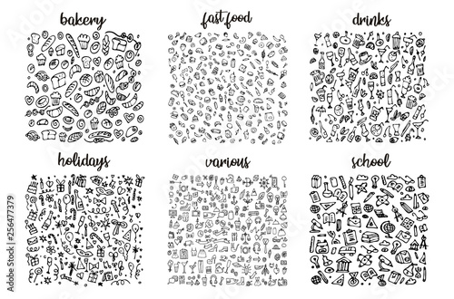 Hand drawn icons set and elements pattern. Digital illustration, bakery doodles elements, holidays seamless background. school and alcohol drinks. Vector fast food sketchy illustration