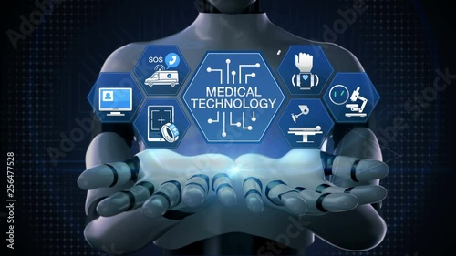 Robot, cyborg opens two palms, 'MEDICAL TECHNOLOGY' and various future medical vector icon in hexagon, 4k animation.2.