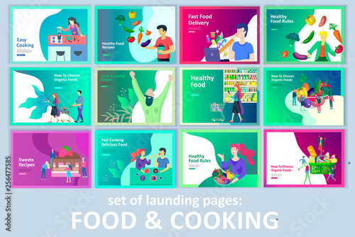 Set of Landing page templates with people which Cooking healthy organic food, simple recipes, how to choose products in the supermarket, food delivery and fast food