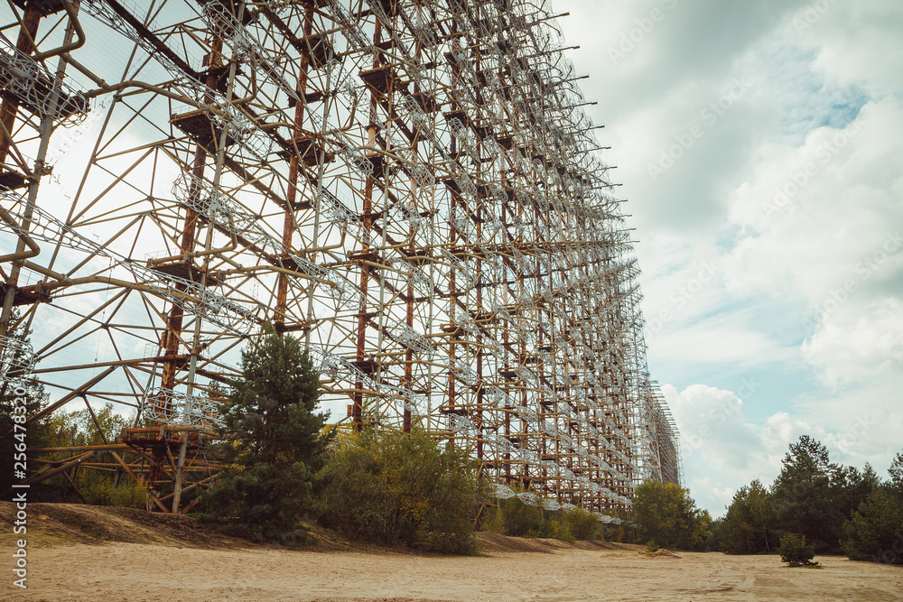 Duga - Soviet over-the-horizon OTH radar system. Duga-3 Russian Woodpecker - antenna complex, military object of USSR ABM. Chernobyl Exclusion Zone, Pripyat, Ukraine Duga - Soviet over-the-horizon OTH radar system. Duga-3 Russian Woodpecker - antenna complex, military object of USSR ABM. Chernobyl Exclusion Zone, Pripyat, Ukraine