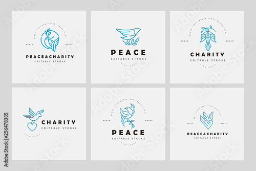 Vector icon and logo peace and charity. Editable outline stroke size. Line flat contour, thin and linear design. Simple icons. Concept illustration. Sign, symbol, element.