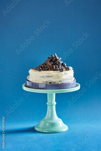 Blueberry cake on a blue tray on a blue background