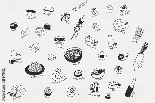 Collection of the different japanese food. Hand drawn line art set of the food icons