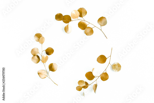 Gold round frame made of gold branches eucalyptus and leaves isolated on white background. lay flat, top view