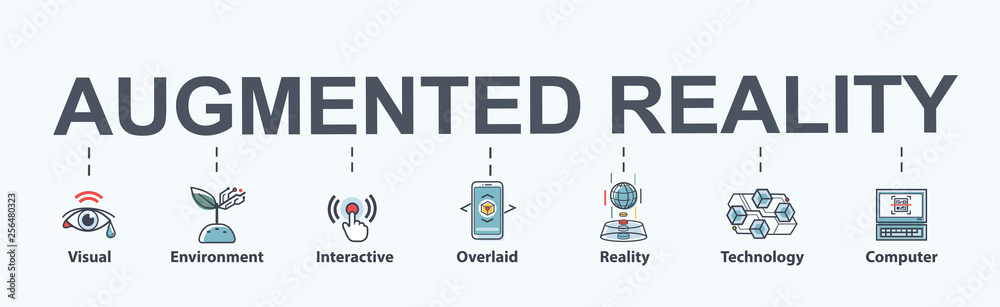 Augmented Reality banner web icon for business and technology, visual, AR, reality, interactive and overlaid sensor. Minimal vector infographic. - obrazy, fototapety, plakaty 