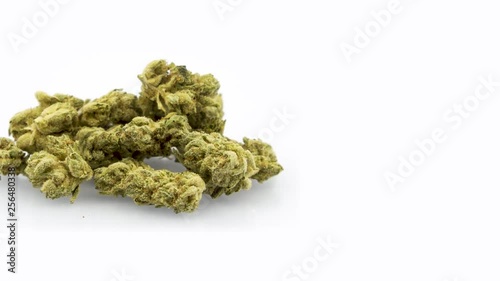 360 Degree Looping Rotation of the Marijuana Strain - Soul Assassin, Eighth Ounce,Frame Left, in 4K Ultra HD Resolution 3840x 2160 on White Background. photo