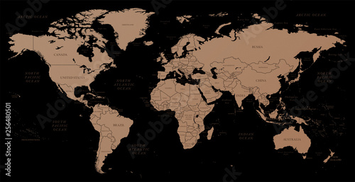 Fototapeta Naklejka Na Ścianę i Meble -  High detailed copper-textured world map illustration with borders, oceans and countries.