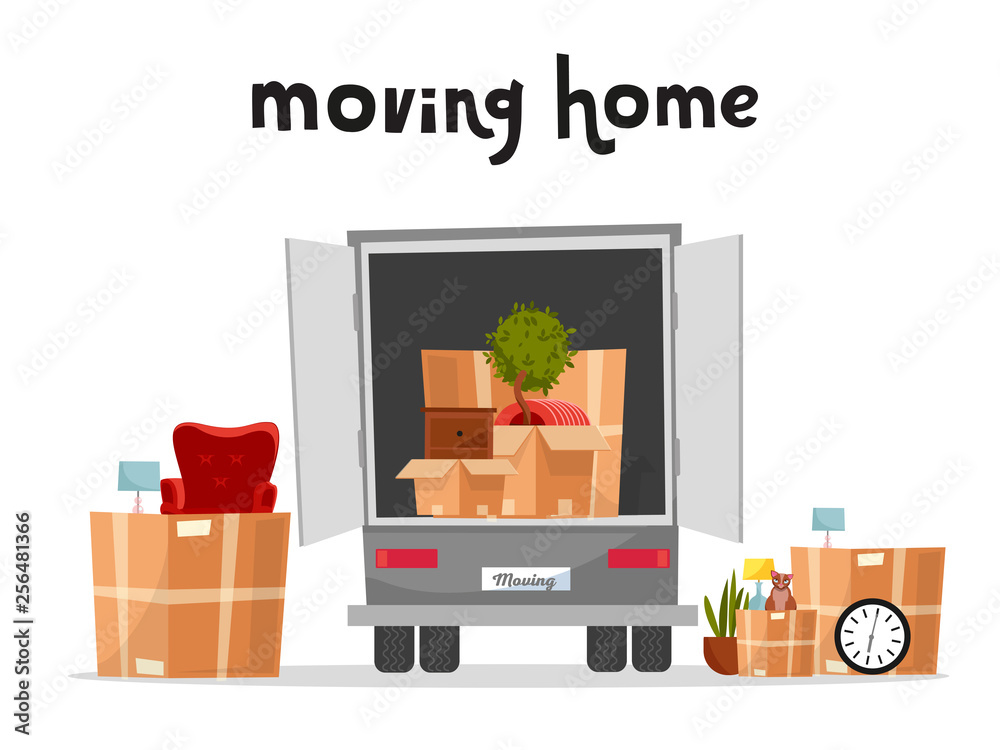 Moving Truck with Boxes. Back side of the loading truck. Cardboard boxes  inside and outside the  interior furniture and cat. lettering  moving home  cartoon style illustration Stock Vector | Adobe