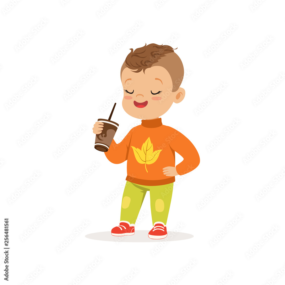 Cute little boy in warm clothing standing with cup of hot chocolate, lovely kid enjoying fall, autumn kids activity vector Illustration Cute little boy in warm clothing standing with cup of hot chocolate, lovely kid enjoying fall, autumn kids activity vector Illustration