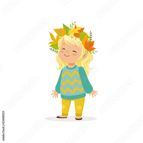 Beautiful blonde little girl in warm clothing and wreath of leaves on her head, cute kid enjoying fall, autumn kids activity vector Illustration