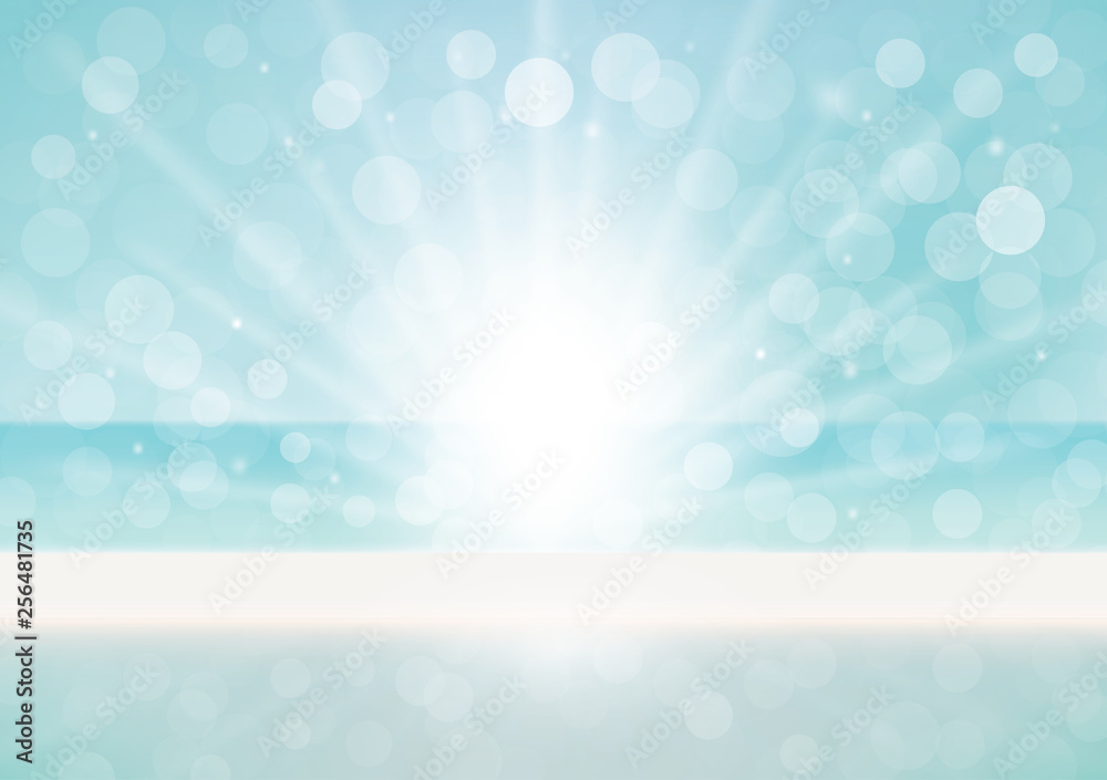 Abstract blue vector summer defocused banner with dots of light. Natural background with blurred sky, sun rays and bokeh, mockup for advertising organic cosmetics or natural product food Abstract blue vector summer defocused banner with dots of light. Natural background with blurred sky, sun rays and bokeh, mockup for advertising organic cosmetics or natural product food