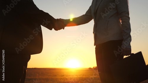 Business man and business woman made deal in glare of setting sun, shook hands with and handed over briefcase with documents. Close-up.