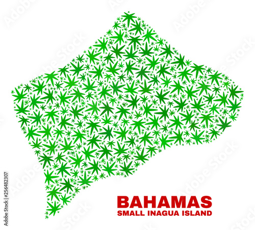 Vector marijuana Small Inagua Island map collage. Template with green weed leaves for weed legalize campaign. Vector Small Inagua Island map is designed from weed leaves.