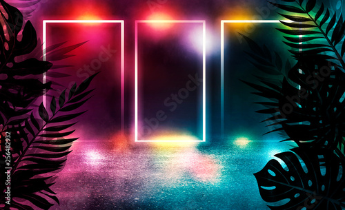 Empty scene background, abstract background with multicolored bokeh and neon lights. Silhouettes of tropical leaves