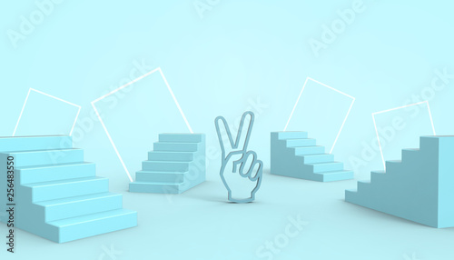 Business Ladder Ideas business  Concept and Two fingers  futuristic ideas on pastel blue background - 3d rendering