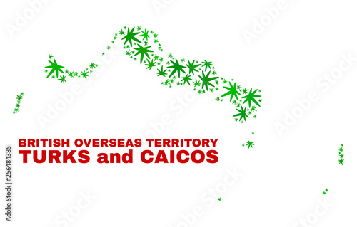 Vector cannabis Turks and Caicos Islands map collage. Template with green weed leaves for hemp legalize campaign. Vector Turks and Caicos Islands map is formed with cannabis leaves.