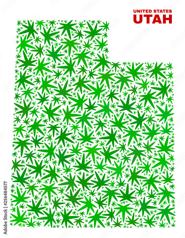 Vector marijuana Utah State map mosaic. Template with green weed leaves
