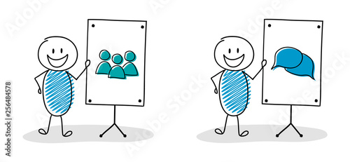 Funny stickman with white board and business icons - set. Vector