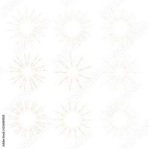 Set of golden sunburst style isolated on white background, Bursting rays vector illustration.