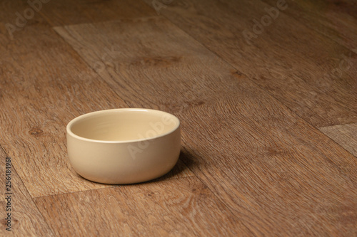 Empty beige cat and dog food bowl on the floor