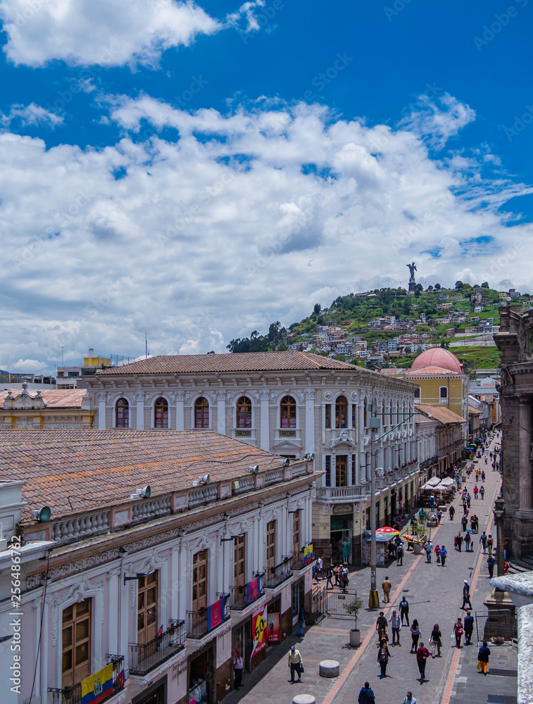 Quito, Ecuador. March 16 2019 - beautiful street view leading to Virgen del Panecillo on the mountain