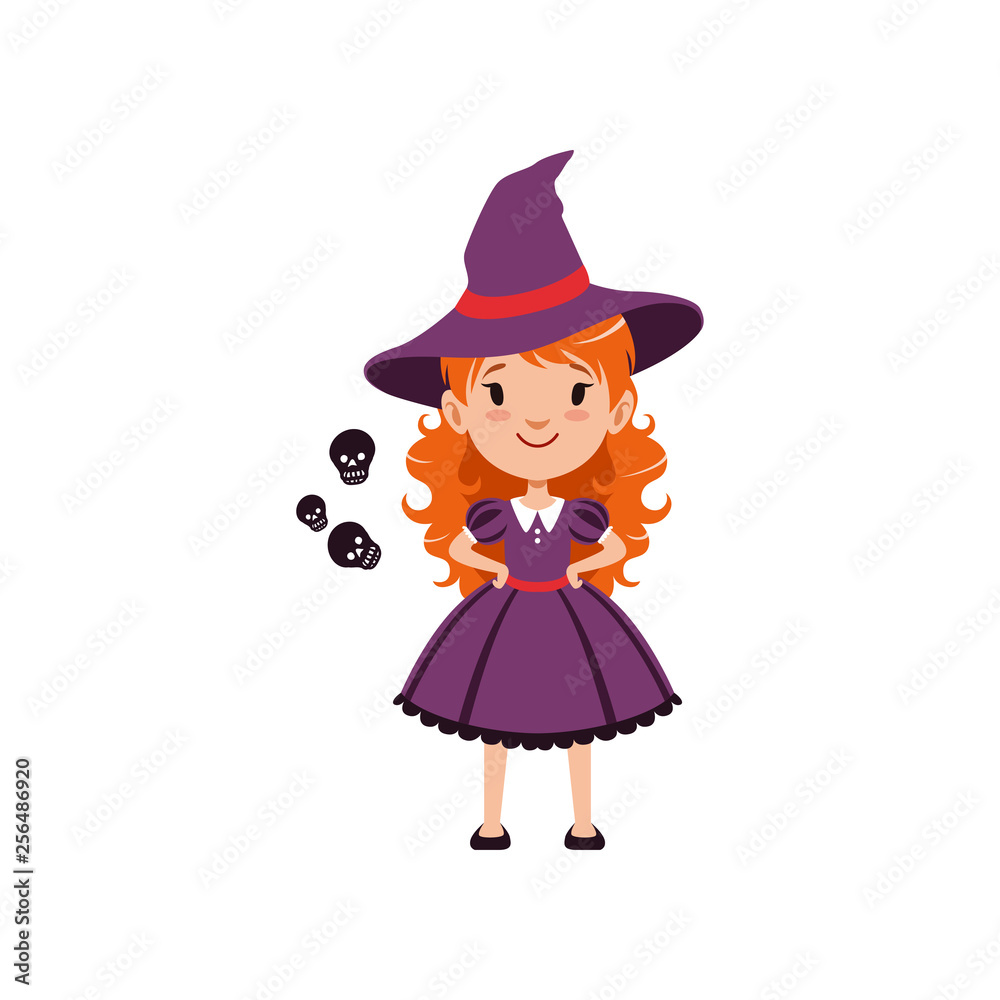 Red-haired girl witch wearing purple dress and hat. Kid character in costume  surrounded with black silhouettes of skulls. Trick or Treat concept. Vector  flat cartoon illustration. Stock Vector | Adobe Stock