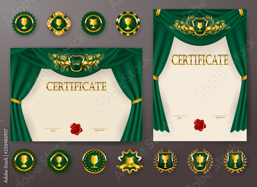 Set of elegant templates of diploma with lace ornament, ribbon, wax seal, drapery fabric, badges, place for text. Certificate of achievement, education, awards, winner.