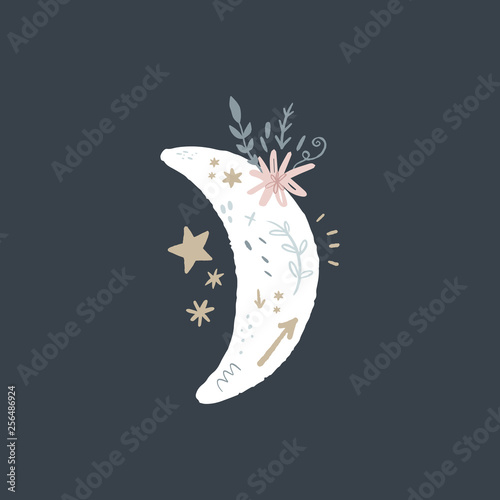 Moon with flowers, pattern elements. Child illustration, doodle, nursery scandinavian style
