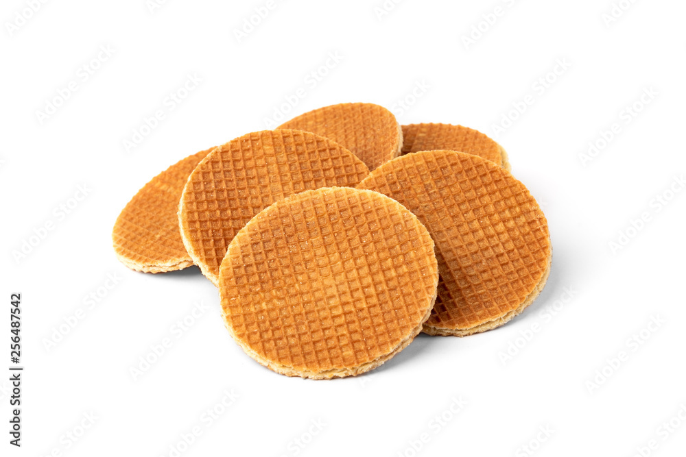 Waffles with caramel filling isolated on white background. Waffles with caramel filling isolated on white background.