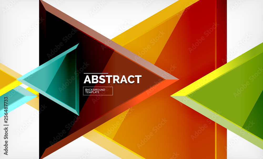 Triangles repetiton geometric abstract background, multicolored glossy triangular shapes, hi-tech poster cover design or web presentation template with copy space Triangles repetiton geometric abstract background, multicolored glossy triangular shapes, hi-tech poster cover design or web presentation template with copy space
