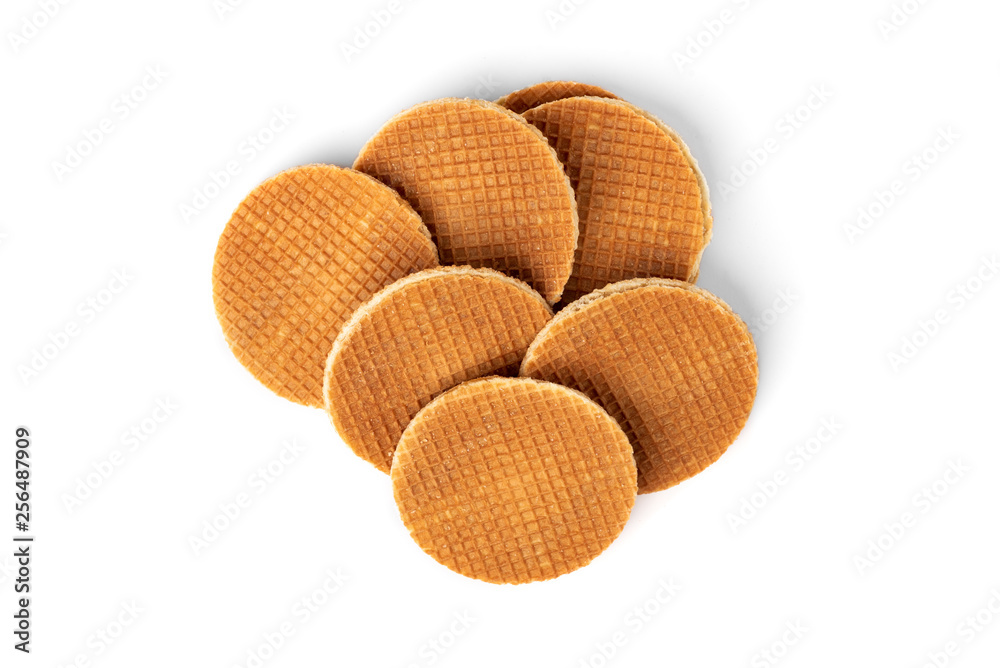 Waffles with caramel filling isolated on white background.