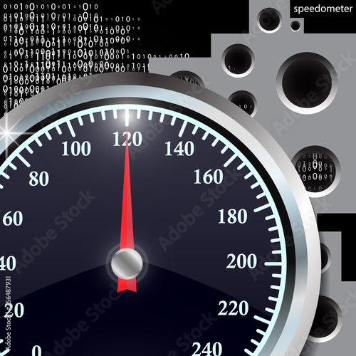 Speedometer on abstract geometric background. Round black caliber with chrome frame.