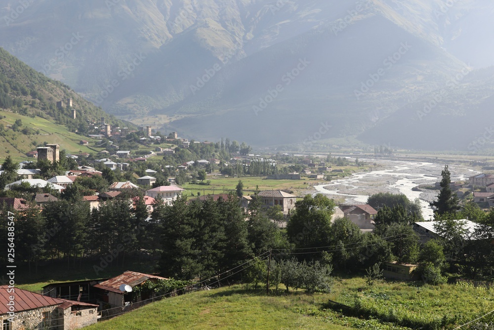 Close view of three towers in Adishi village on Mestia to Ushguli trek in Svaneti, Georgia.