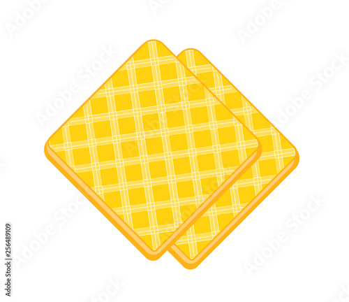 Two crispy waffles. Flat illustration of wafer biscuit slice isolated on layer. Vector yellow crispy pastry. Dessert for the design of the menu of the bakery or cafe. Elements of sweets.