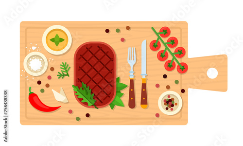 Beefsteak with cutlery on a board vector flat isolated