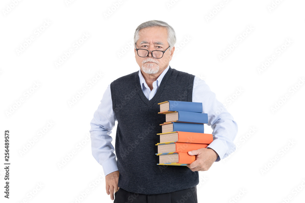 Portrait asian senior old man teacher or professor hold book wearing eyeglasses thinking with copy space for your promotional or text isolated on white background. Portrait asian senior old man teacher or professor hold book wearing eyeglasses thinking with copy space for your promotional or text isolated on white background.
