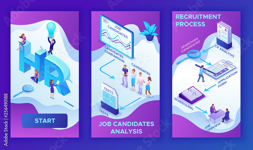 Mobile vertical 3 template of Job agency, isometric infographic template with 3d employer hiring worker, candidate search work in human resource mobile app, office business people, vector illustration