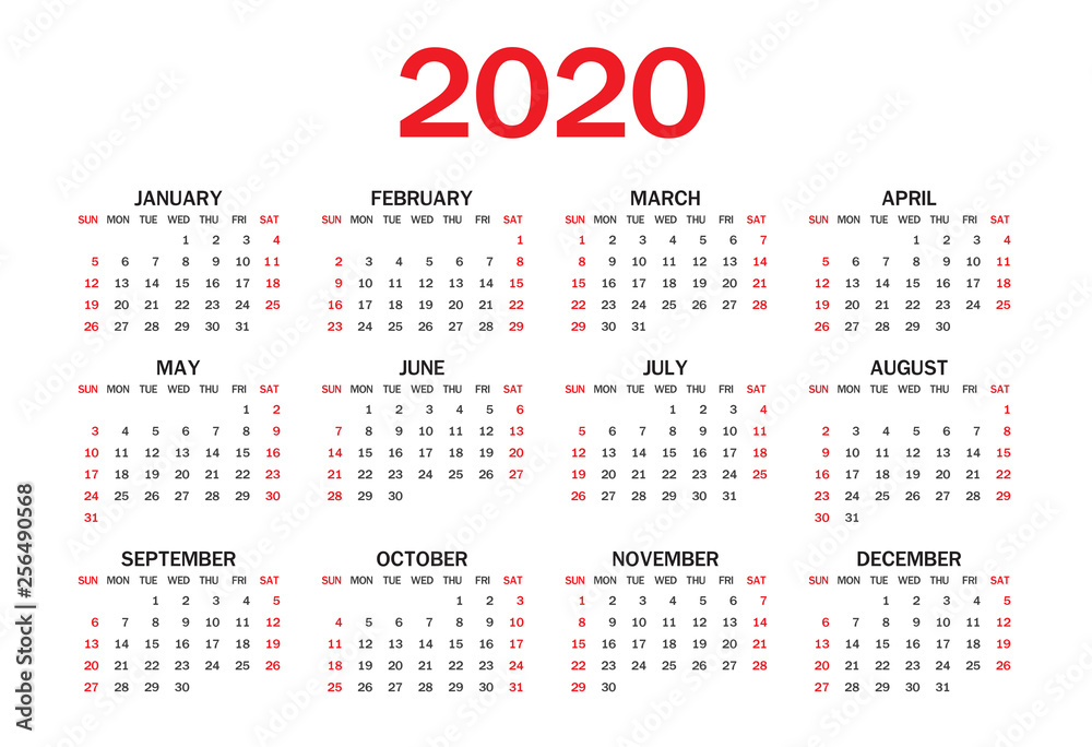 Calendar 2020 template layout, red Concept, business brochure flyer, print media, advertisement, Simple design template, creative vector illustration Calendar 2020 template layout, red Concept, business brochure flyer, print media, advertisement, Simple design template, creative vector illustration