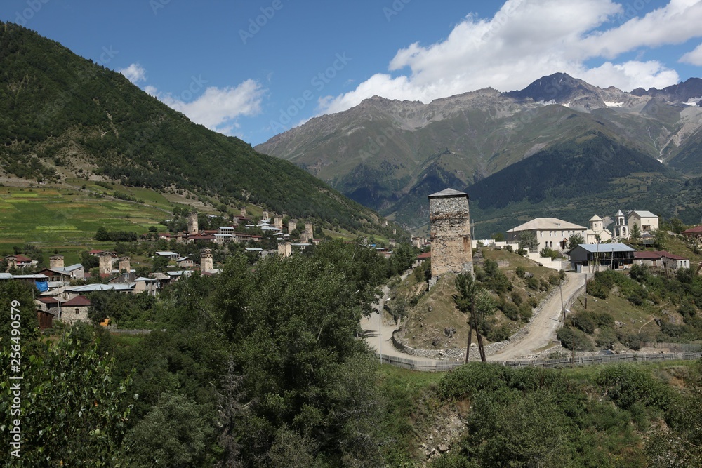 Close view of three towers in Adishi village on Mestia to Ushguli trek in Svaneti, Georgia.