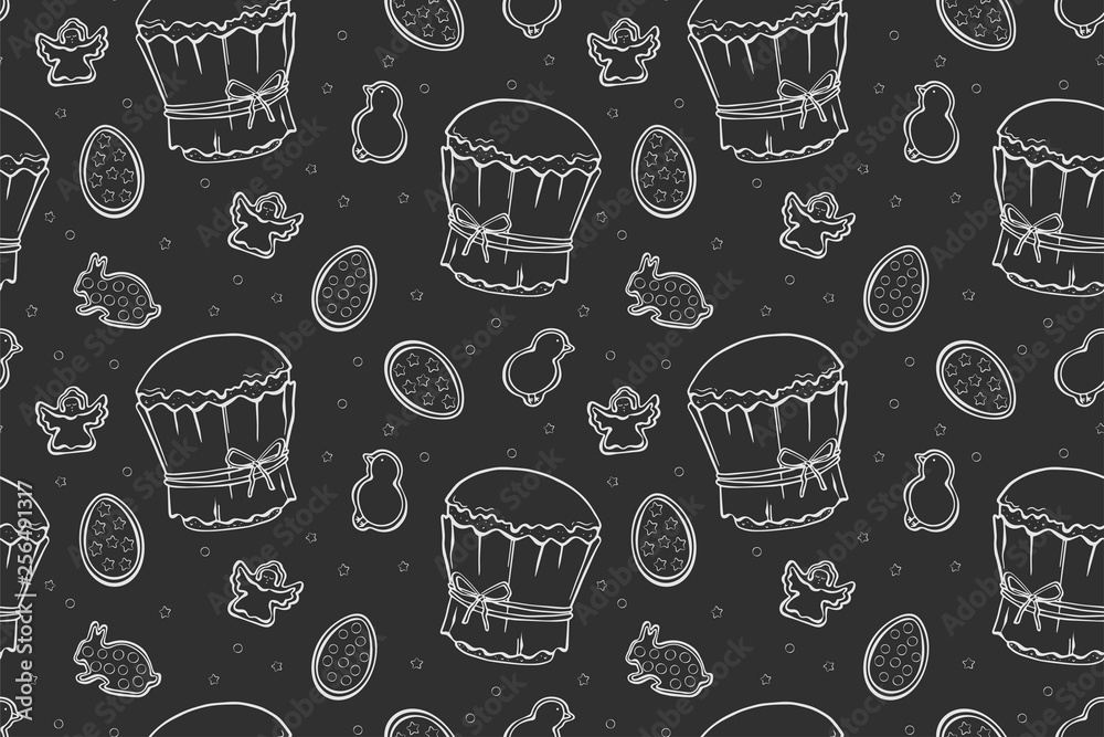 Easter cakes seamless pattern chalk on black background