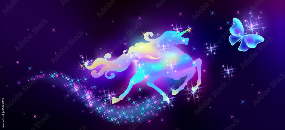 Butterfly and galloping iridescent unicorn with luxurious winding mane against the background of the fantasy universe with sparkling stars