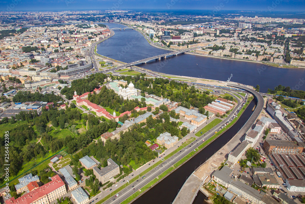 Center of St. Petersburg. Neva River. Alexander Nevsky Square. Petersburg from a height. Summer day. Streets of Petersburg. Cities of Russia.