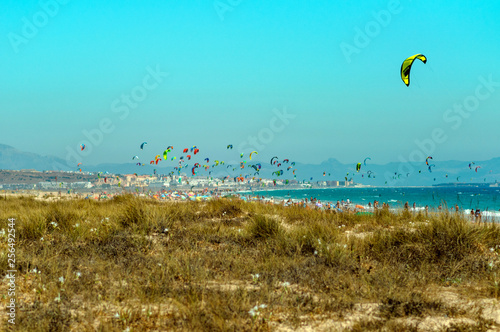 Playa con cometas de kitesurf