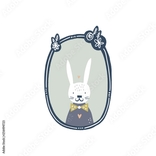 Vector cute animal painting portrait in frame. Child cute illustration, nursery decor. Baby style
